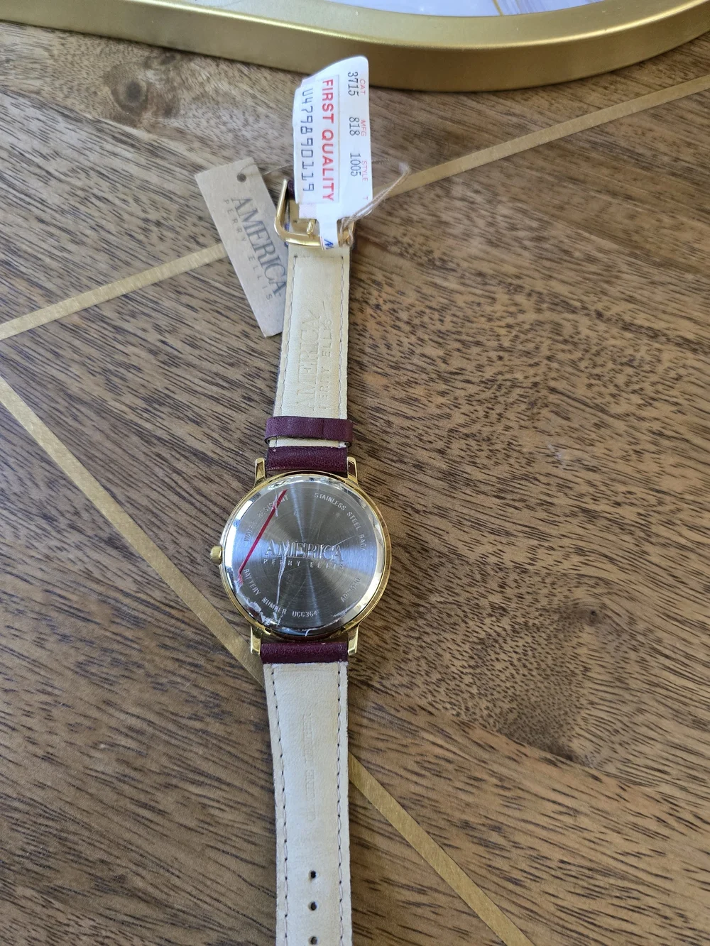 Perry Ellis Gold-Tone Case with Burgundy Leather Strap Watch